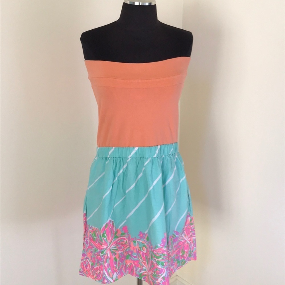 LILLY PULITZER Size M orange combo strapless dress - Picture 1 of 8
